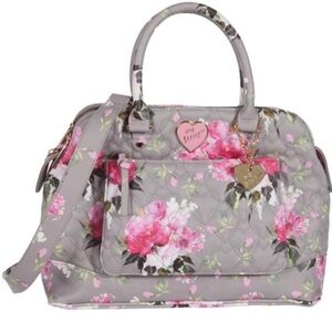 Betsey Johnson gray and pink floral print quilted satchel with crossbody strap